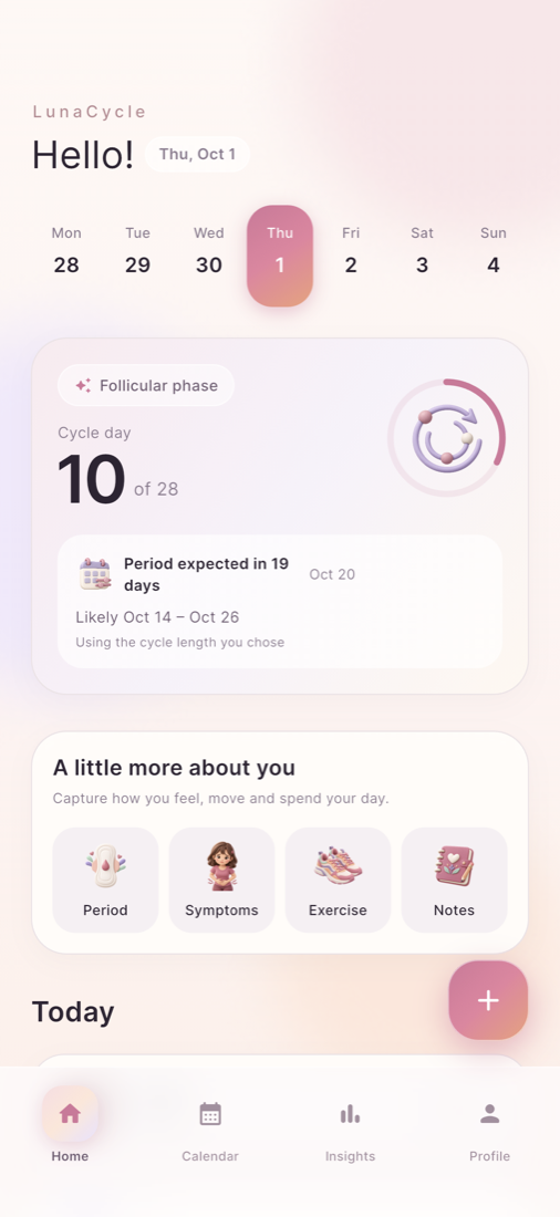 LunaCycle period calendar and daily record screen with demonstration data