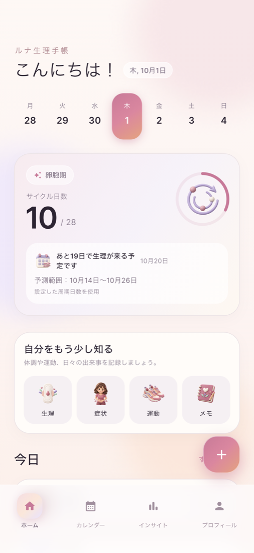 ルナ生理手帳の周期カレンダーと日々の記録画面（デモデータ）
