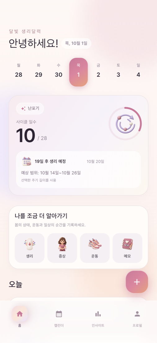달빛 생리달력의 주기 및 일상 기록 화면, 데모 데이터 사용
